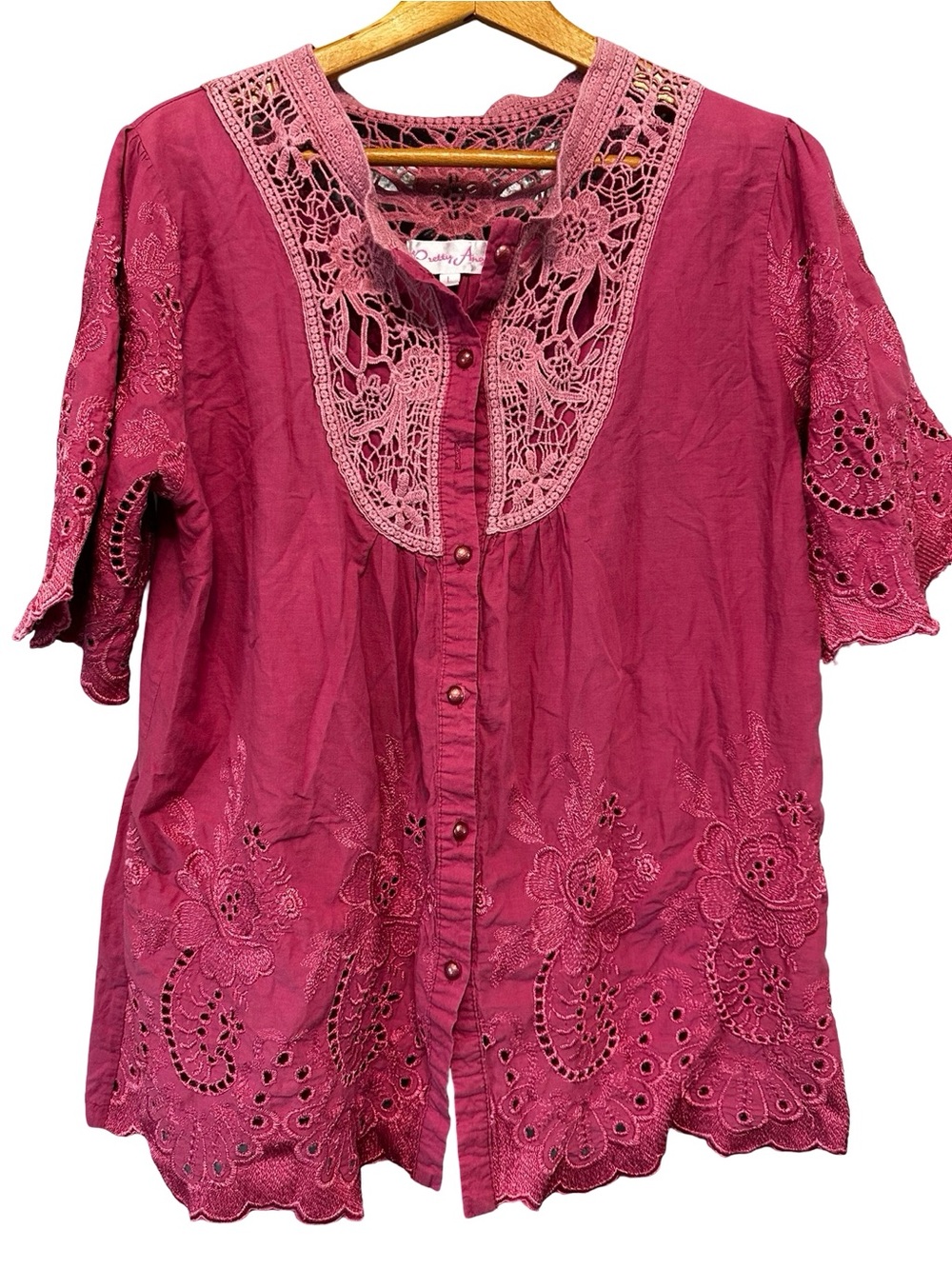 Pretty Angel Linen Cotton Pink Embroidered Eyelet Blouse SZ L Boho Cottagecore